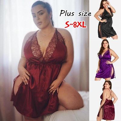 Artı Boyutu Moda Kadın Derin V Boyun Pijama Askısı Spagetti Gecelikler Dantel Lingerie Elbise