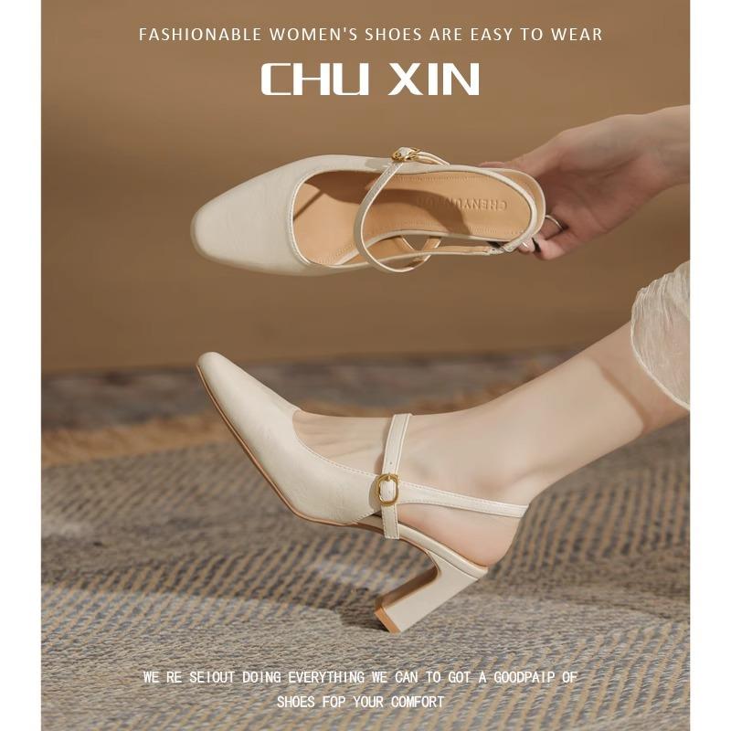 2025 spring and summer new high heel with Mary Jane shoes women's beautiful single shoes thick heel French beige sandals women