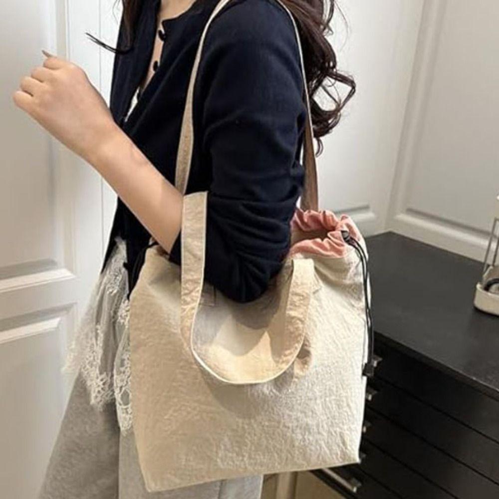 New Casual Drawstring Shoulder Bag Khaki Color Lightweight Handbag Trendy Large Capacity Tote Bag