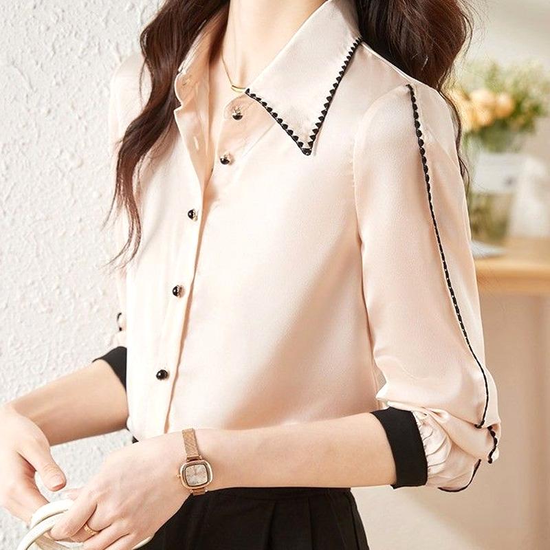 Blouses Premium Autumn Winter Straight Korean Thin Striped Button Women's Clothing Turn-down Collar Temperament Dignified