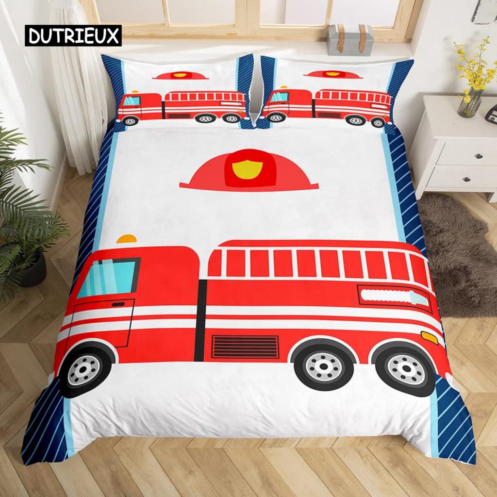 Fire Truck Duvet Cover Set Twin Size Red Firemen Car Vehicle Bedding Set Fire Engine Pattern for Boys Tire Printing Quilt Cover