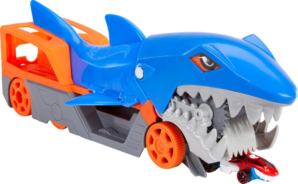 Hot Wheels Shark Chomp Transporter Playset with One Scale Car for Kids 4 To 8 Years Shark Bite Hauler Picks Up Cars In Its Jaws Stores Up To Five In