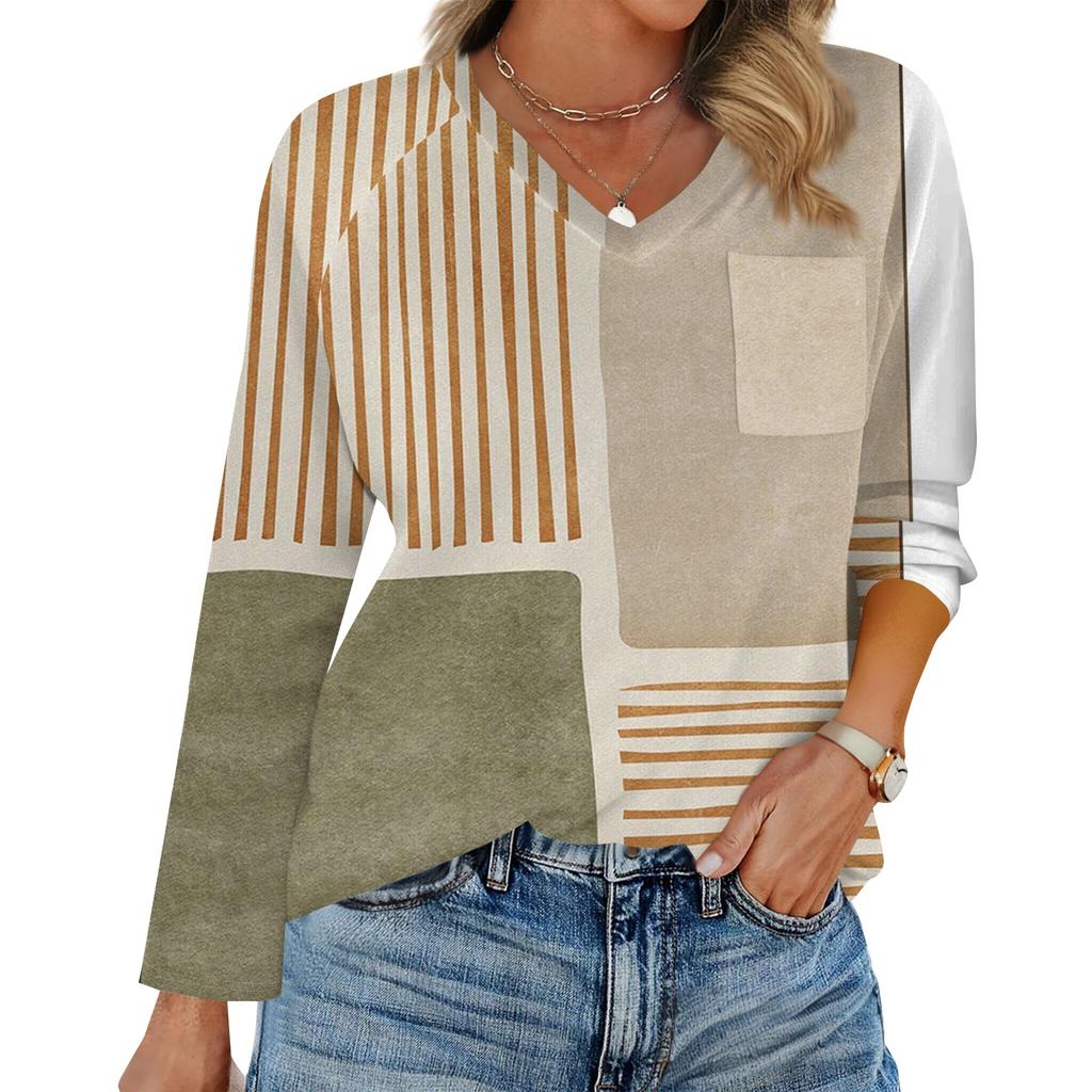 Women's Raglan Long Sleeve V-Neck T-Shirt Splicing Solid Color Casual Top Pullover V-Neck Pocket Bottoming Shirt