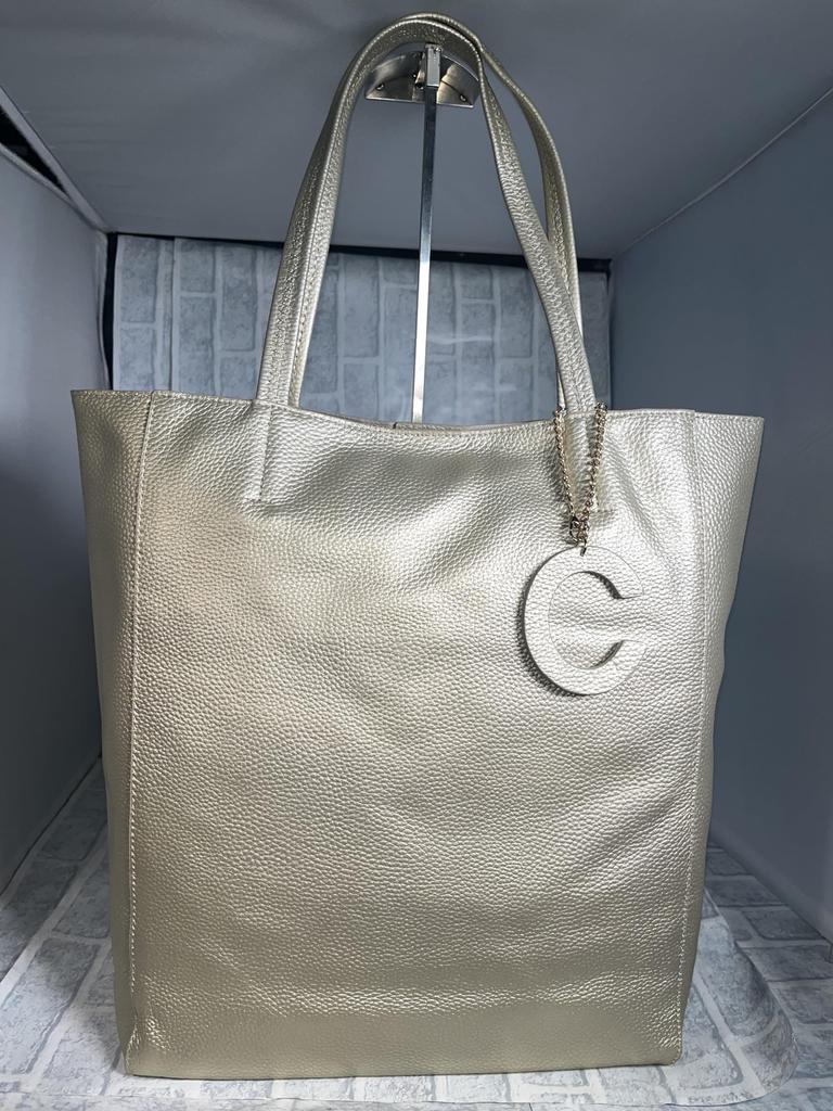 Rebecca CPJ-NS40TB8 Vertical Tote Bag, Made with Genuine Italian Leather, for Men and Women, Champagne Gold