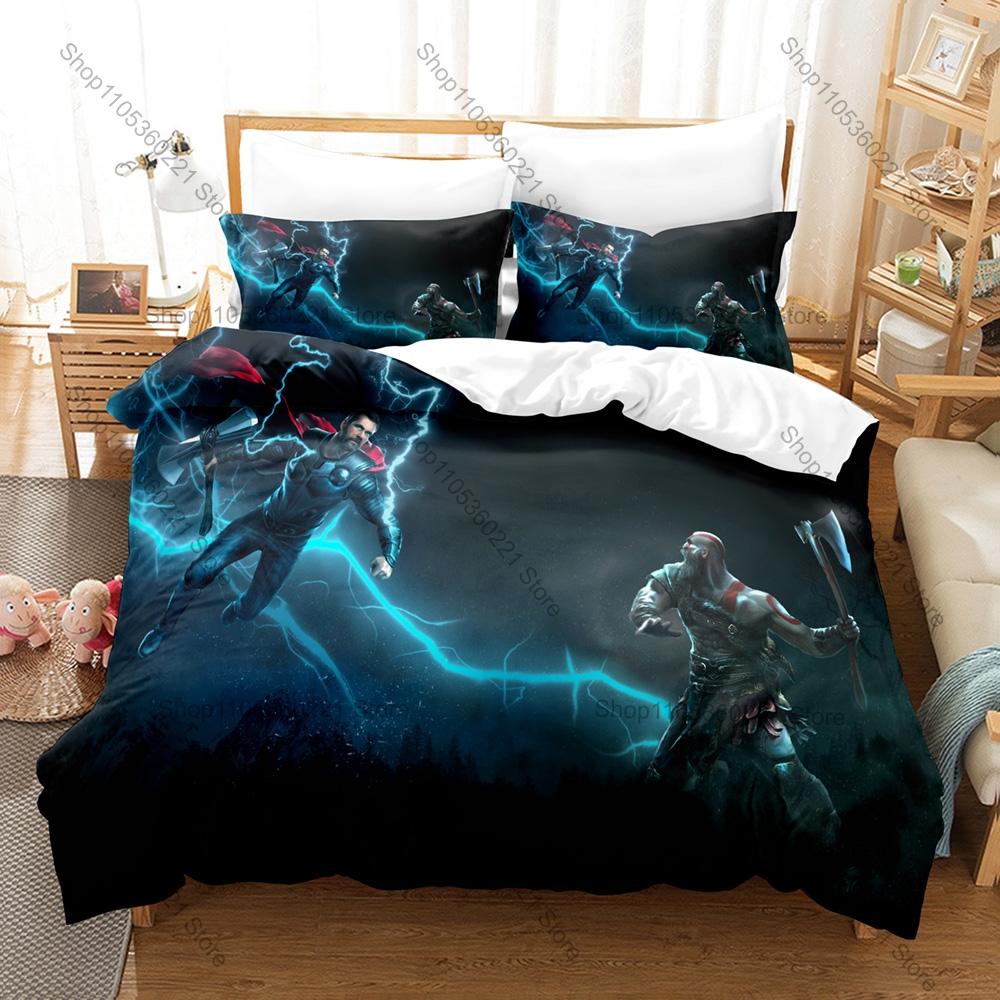 Grafika Wojownika Kratos i Atreus God Of War Ragnarok Przygoda w Dzikim Lesie Gra Walki Pościel Poszewka na Kołdrę + 2 Poszewki na Poduszki