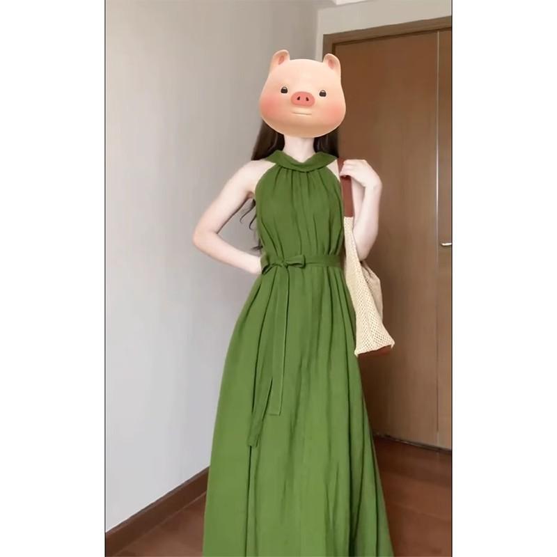 Premium green neck sling dress children's summer new seaside vacation temperament dress