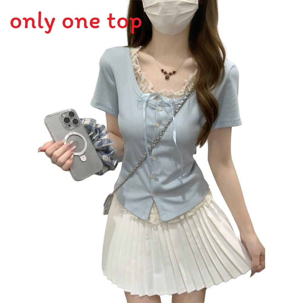 Plain Weave T Shirt With Lace Embroidery For Summer Casuals