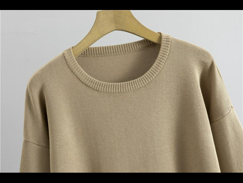 Γυναικείο πλεκτό κοστούμι φθινοπώρου/χειμώνα: Μακρυμάνικο πουλόβερ και φαρδύ παντελόνι με σκίσιμο σετ δύο τεμαχίων