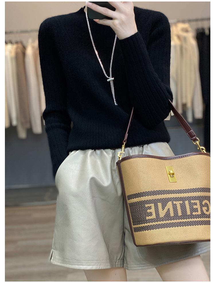 100% Cashmere Pure Wool Slimming Round Neck Knit Sweater - Women's Ribbed Slim Fit for Autumn/Winter