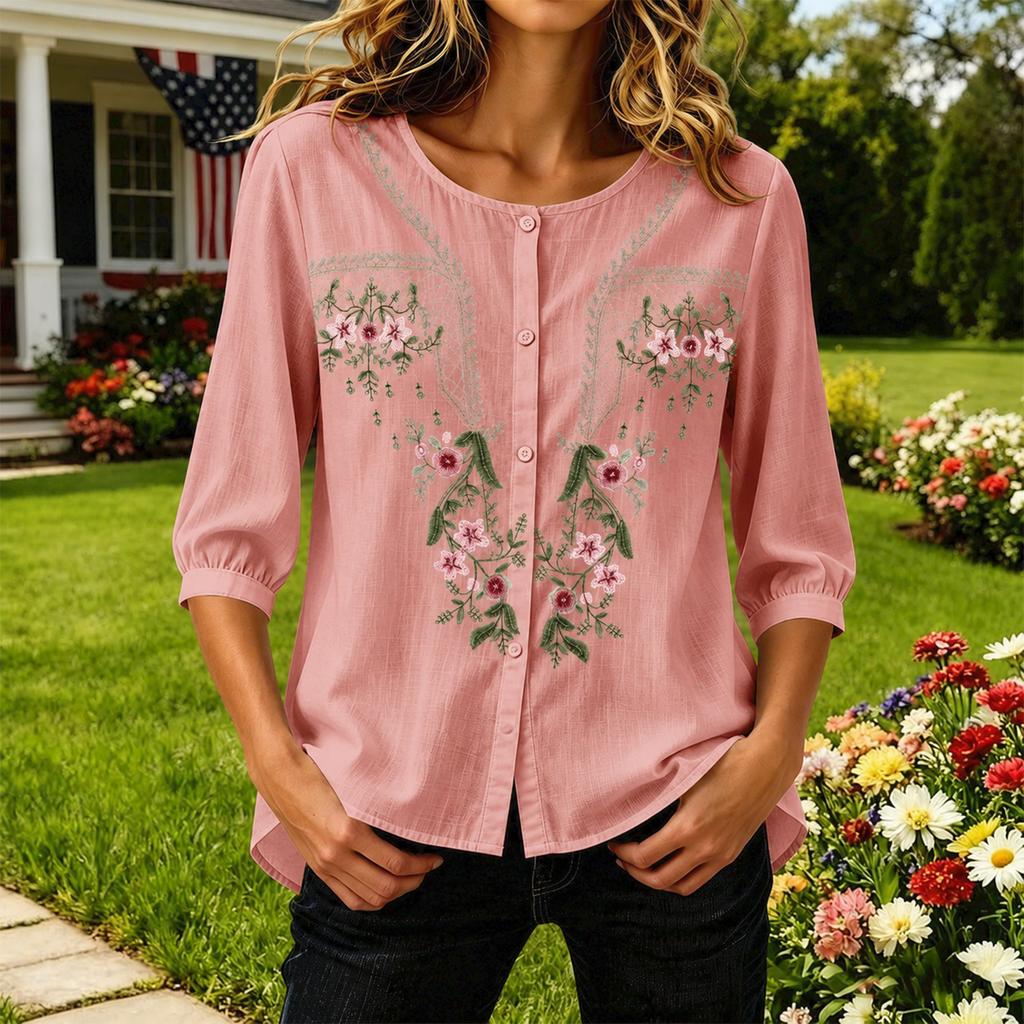 Women's Artistic Loose Fit Embroidered Mid Sleeve Blouse for Tea and Daily Wear
