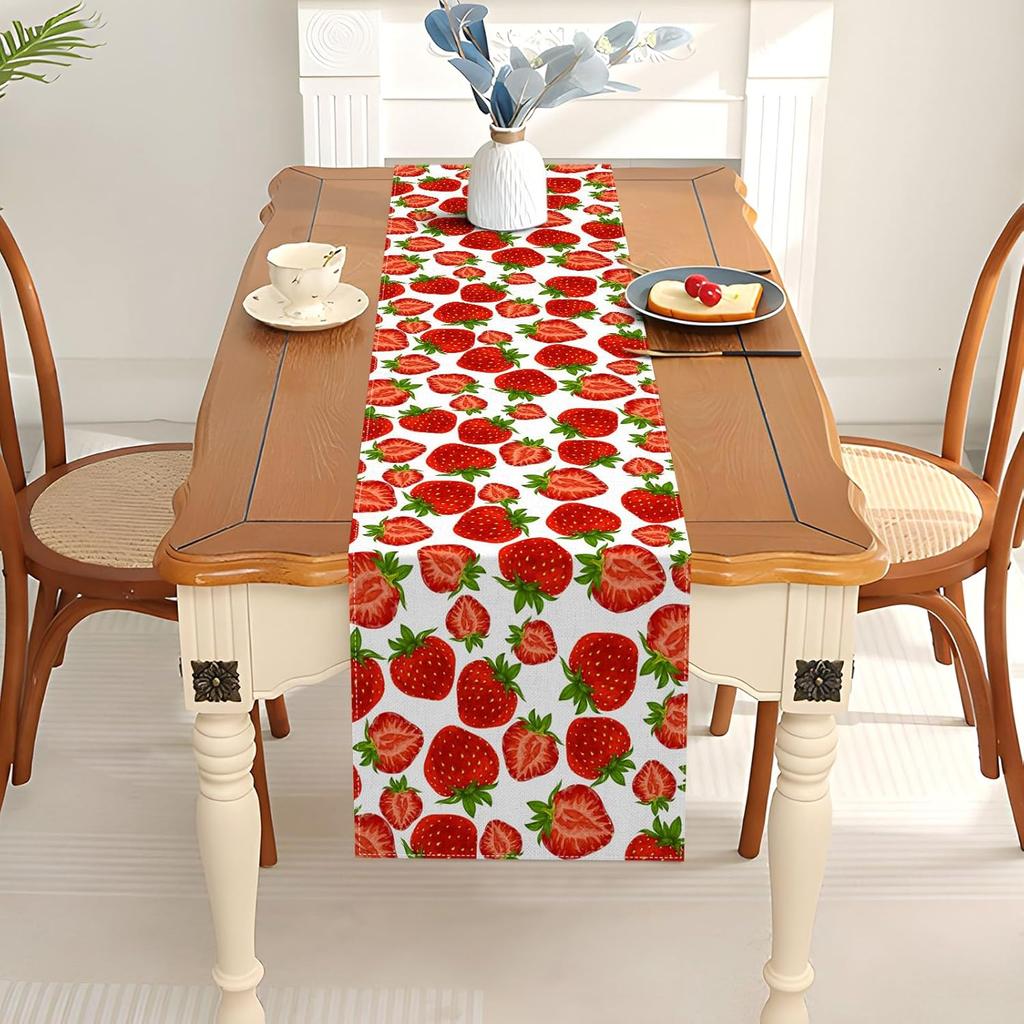 Pudodo Strawberry Table Runner Spring Summer Fruit Strawberry Themed Birthday Baby Shower Party Kitchen Dining Home Decoration (13" x 72")