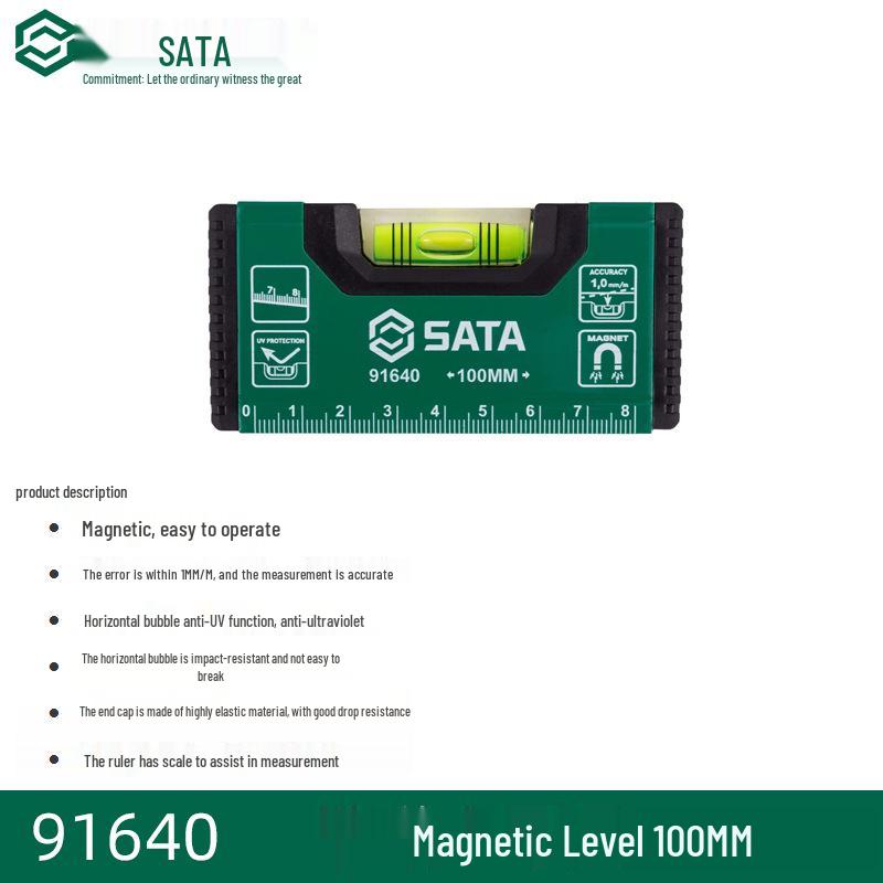 SATA 91640 High-Precision Magnetic Leveling Tool with Protractor and Straight Edge Ruler