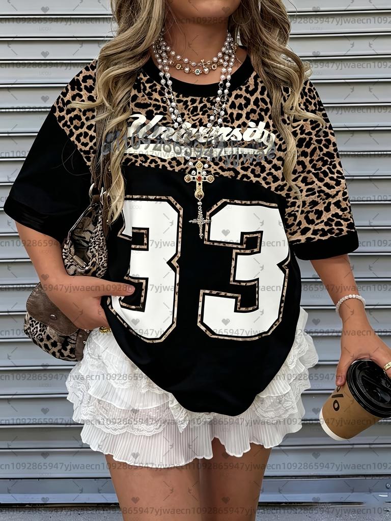 2026 Womens Casual Leopard Print Number 33 Pattern Women  T-Shirt Girl Round Neck Tee Outdoor Sports Plus-Size Women's Clothing
