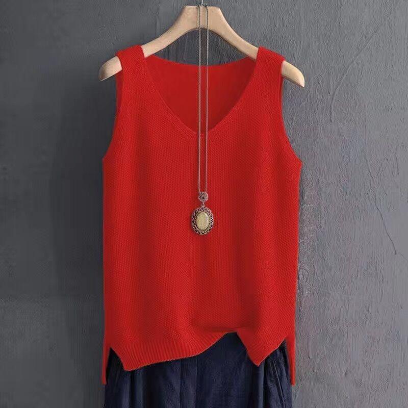 Fashion Large Size Ice Silk Suspender Vest Women's V Neck Knitted Bottoming Shirt Sleeveless Top Elegant Solid Color Loose Casual Simple Shirts