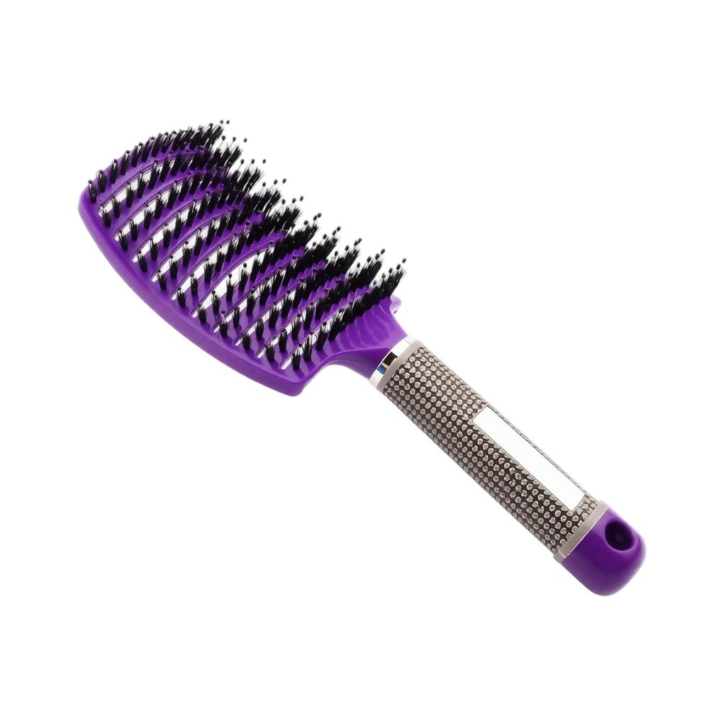 Curved Paddle Hair Brush with Boar Bristles Anti Static Detangling Styling Brush for Straight and Curly Hair Plastic Handle Nine Row Massage Comb