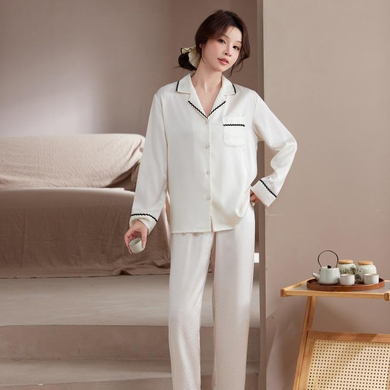 New ice silk pajamas women's summer 1011 long-sleeved trousers set imitation silk loungewear cool simple fashion cardigan
