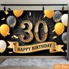 2D 30th Happy Birthday Backdrop, Black Background with Golden Number 30 and Balloons
