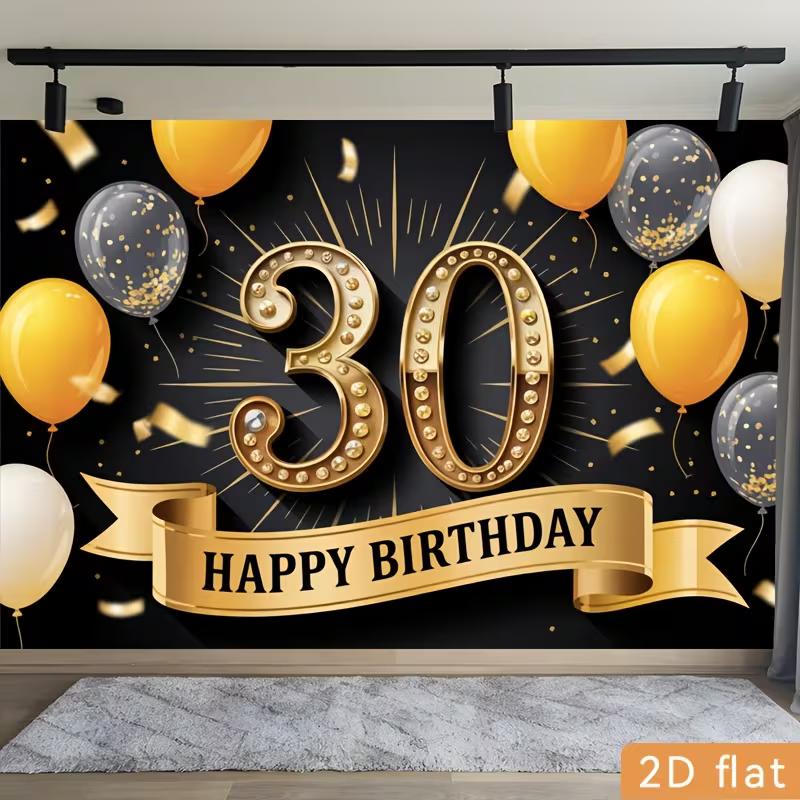 2D 30th Happy Birthday Backdrop, Black Background with Golden Number 30 and Balloons