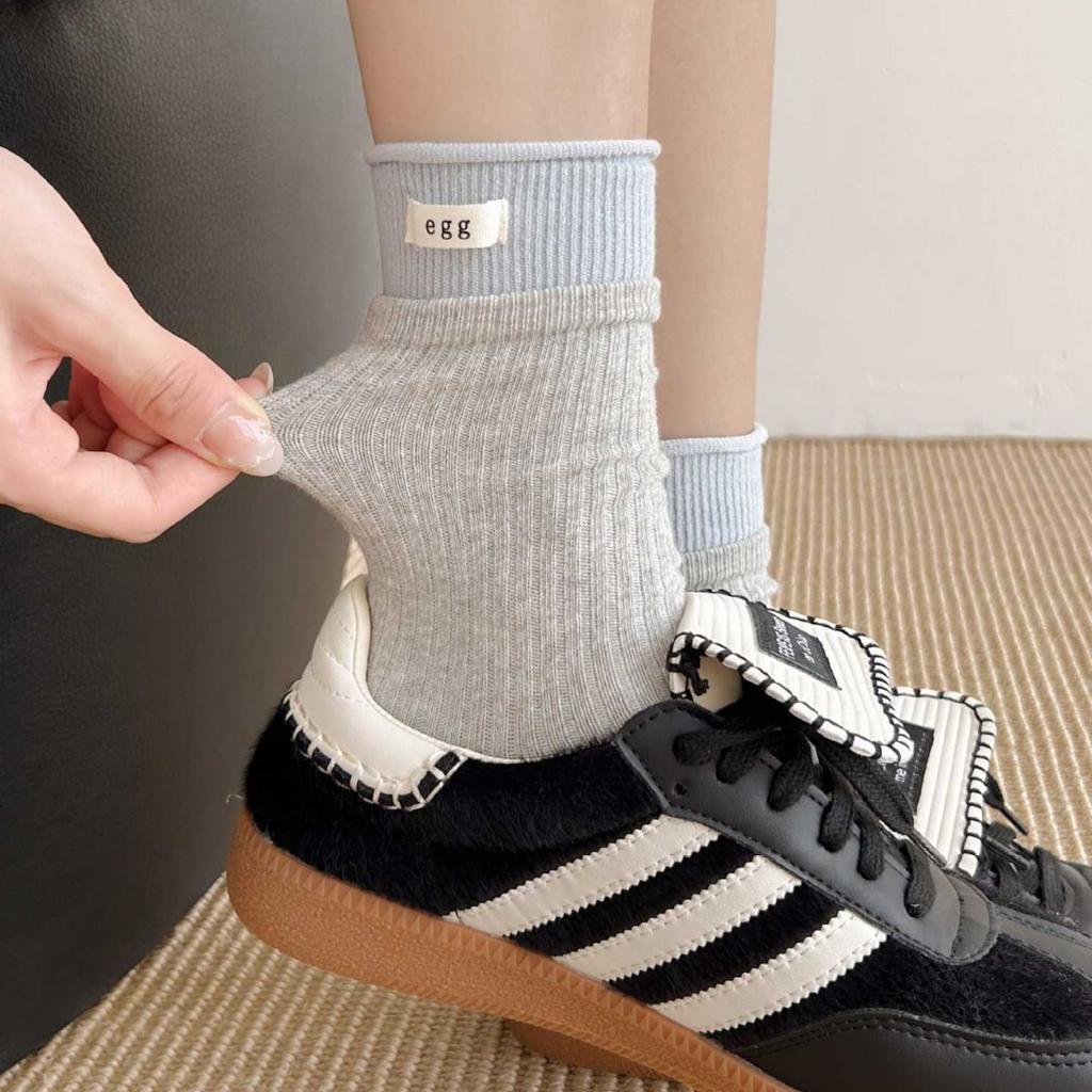 Dubbel Luo Mun Äggtyg Etikettstrumpor Flickor Koreansk Stil Personlighet Kontrastfärg Mellanhöga Strumpor Strumpor Bomullsfrottéstrumpor