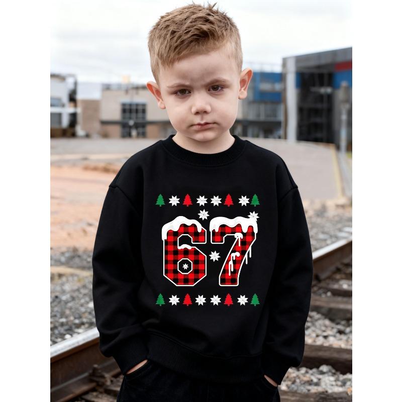Kids Christmas Buffalo Plaid Number 67 Print Sweatshirt Unisex Boys Girls Snowflake Pine Tree Crewneck Long Sleeve Pullover Black Casual Children Top