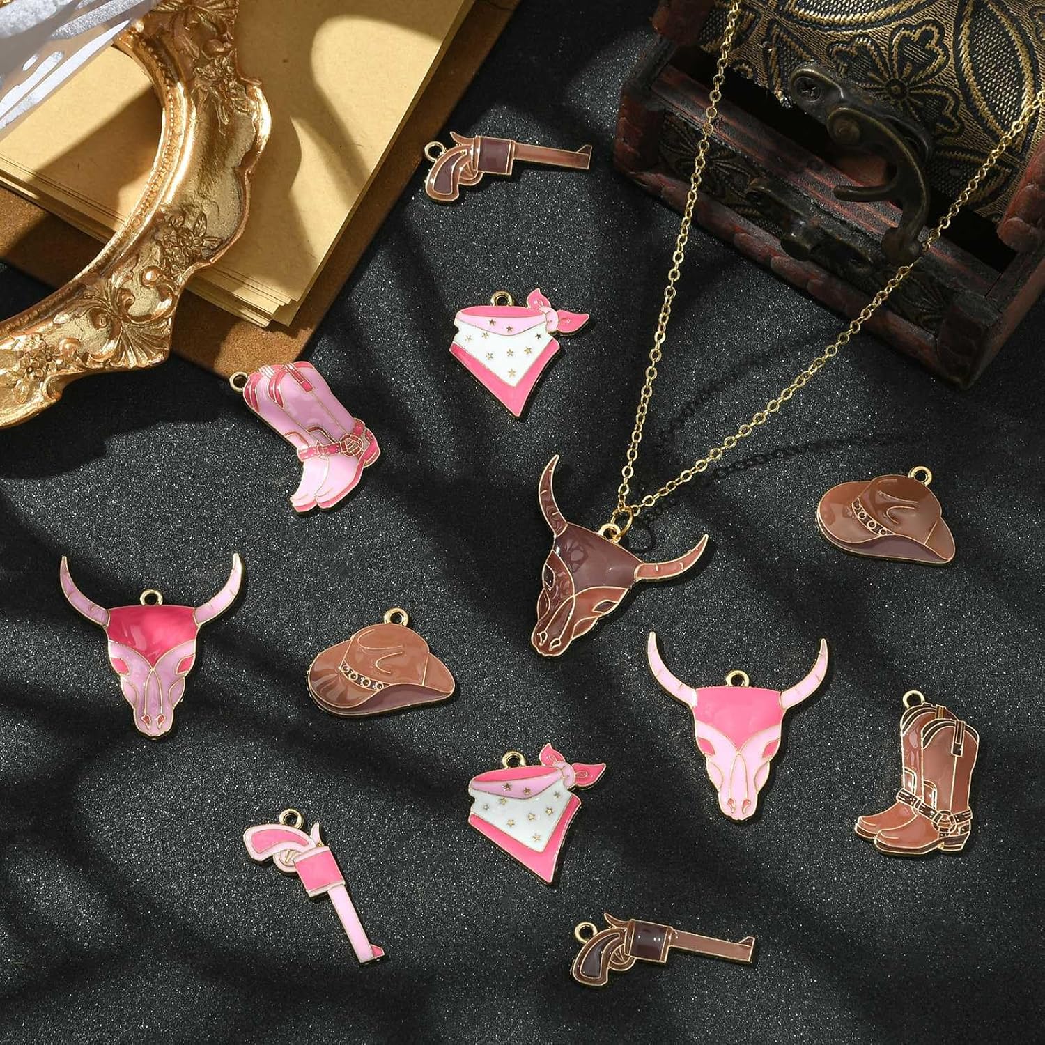 KitBeads 20pcs Enamel Western Cowboy Charms 10 Styles Gun Boot Hat Cattle Charms Brown Pink Cowgirl Charms for Jewelry Making Bracelets Necklace Bulk