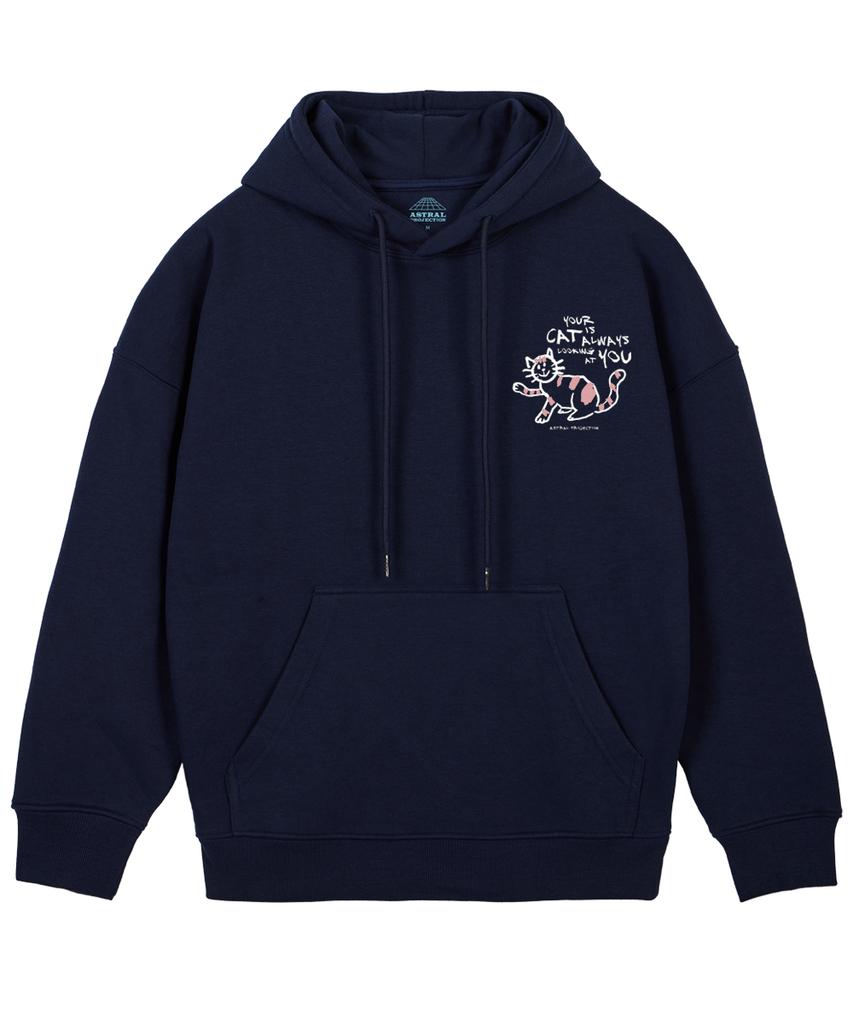 Doodle Cat Oversized Wide Shoulder Hoodie_Navy