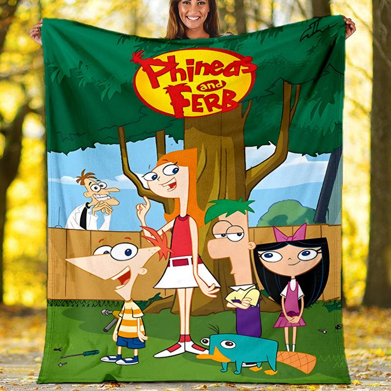 1pc Phineas and Ferb1 Theme Blanket - Digital Print, Polyester, Cozy for All Seasons, Perfect for Outdoor, and Travel