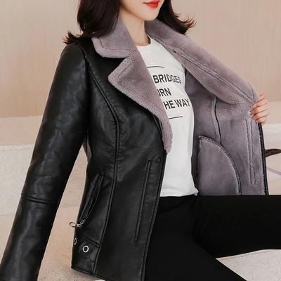 Women's Fall/Winter Fleece-Lined Thickened Warmness Slim-Fit PU Leather Jacket Solid Color Elegant Short Coat