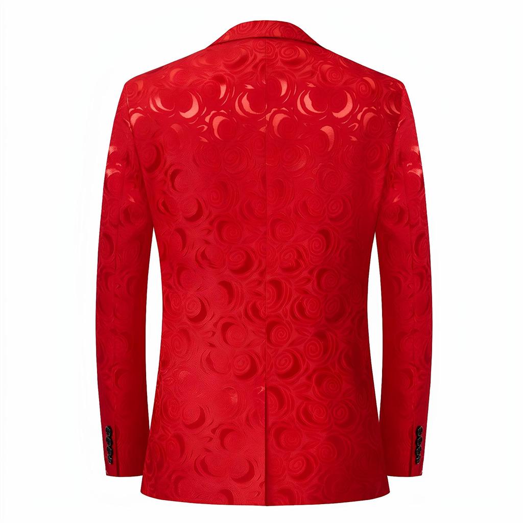 Mens Red Blazer Luxury Rose Patterned Jacquard Suit Jacket