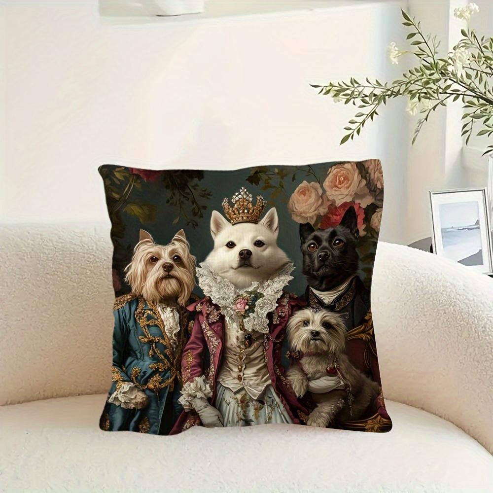 1Pc Baroque Style Royal Dog Trio Pillow Cover, 2D Double-Sided Print Polyester Pillowcase, Vintage Royal Court Portrait Decor, U