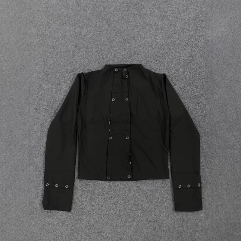 

Европейский и американский модный тренд, топ с полувысоким воротником, свободный дизайн на двух рядах пуговиц, однотонный S чёрный