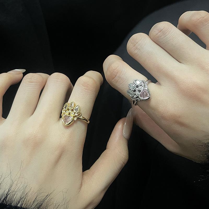 Gold Crown, Pink Zircon Love Opening Ring, Niche Design, High-End Full Diamond Ring.