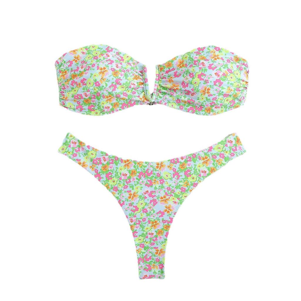 European and American women cute sexy V-neck thong printed bikini, triangle swimsuit swimsuit