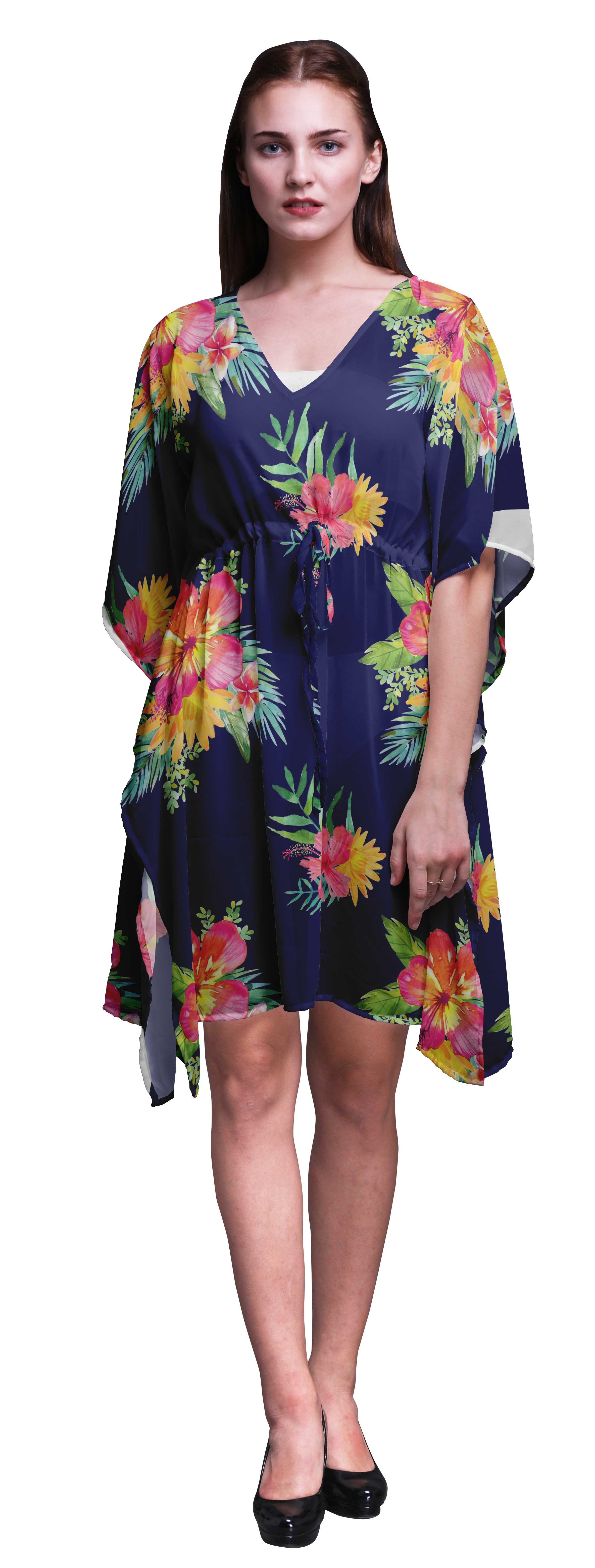 

Bimba Black2 Floral Saucer Magnolia Short Caftan Midi Dress Beach Swimwear Cover up Womens XL-3X темно-синього кольору