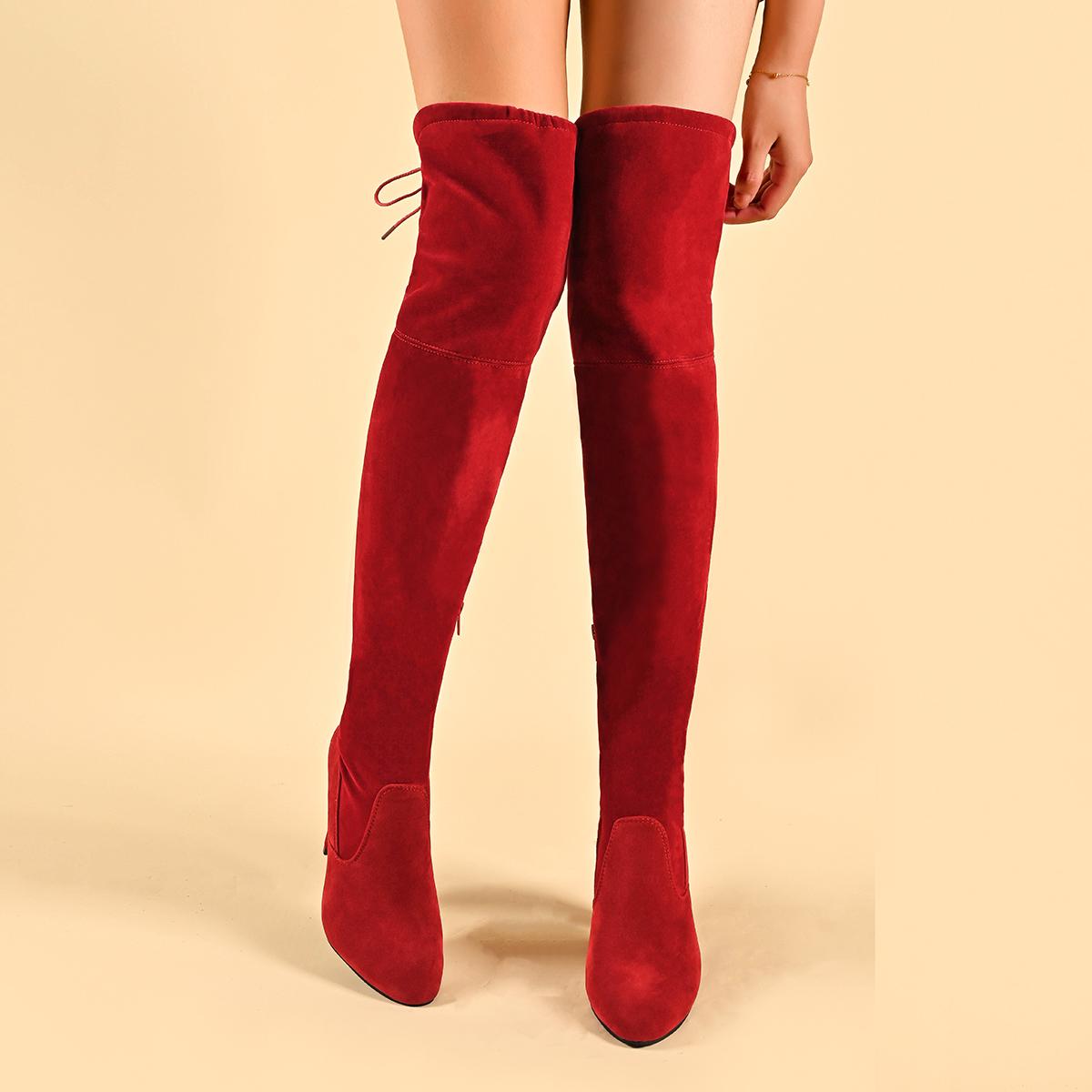 

Модные зимние женские ботфорты выше колена 2024 Новые эластичные ткани Высокий каблук Обувь-слипоны Острый носок Длинные сапоги Женские ботфорты до бедра 42 красный