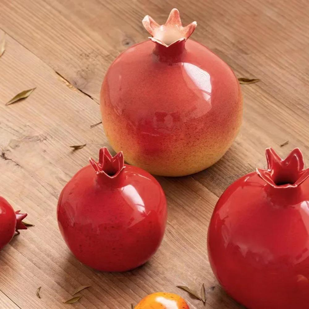 Handmade Ceramic Red Pomegranate Vase Flower Arranger Pomegranate Fruit Ornament Set Chinese Home Decor