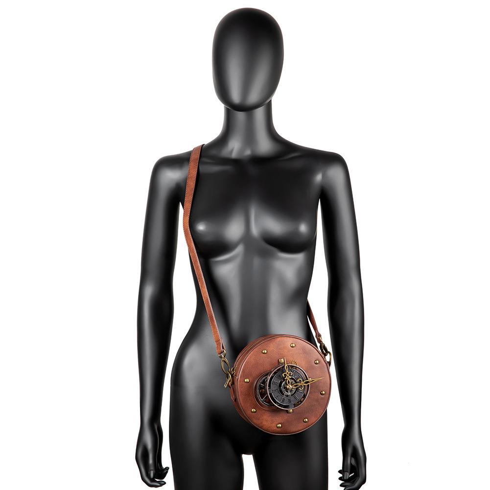 Steampunk Women's Single-shoulder Crossbody Bag, PU Leather Retro Style Round Motorcycle Bag