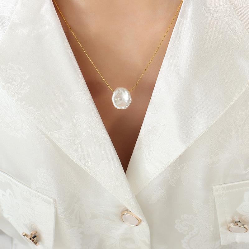Irregular Pearl Pendant Necklace for Women - 18K Gold Plated Titanium Steel