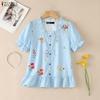 Women Casual Square Collar Loose Floral Prin Short Sleeve Blouse