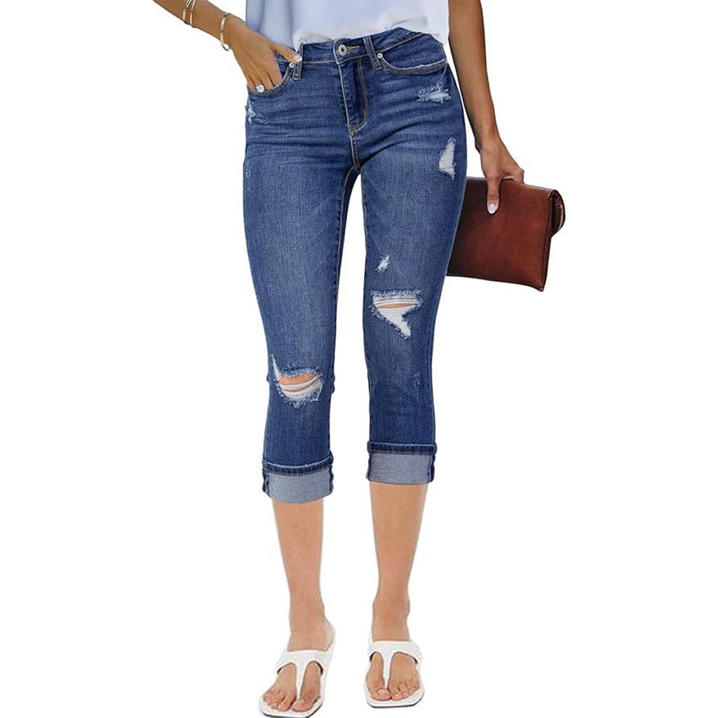 Women's Mid- Ripped Cotton Jeans for Commute and Casual Wear