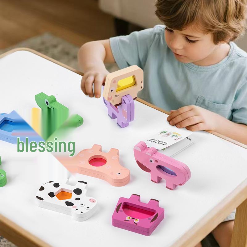 Wooden Educational Animal Train: Stacking & Concentration Set with Translucent Acrylic Blocks