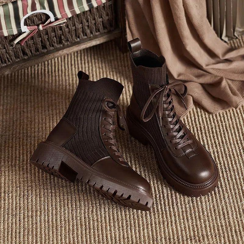 Booties Lace-up Sock Black Female Ankle Boots Punk Style Footwear Combat with Laces Short Shoes for Women Fashion 2024 New Rock