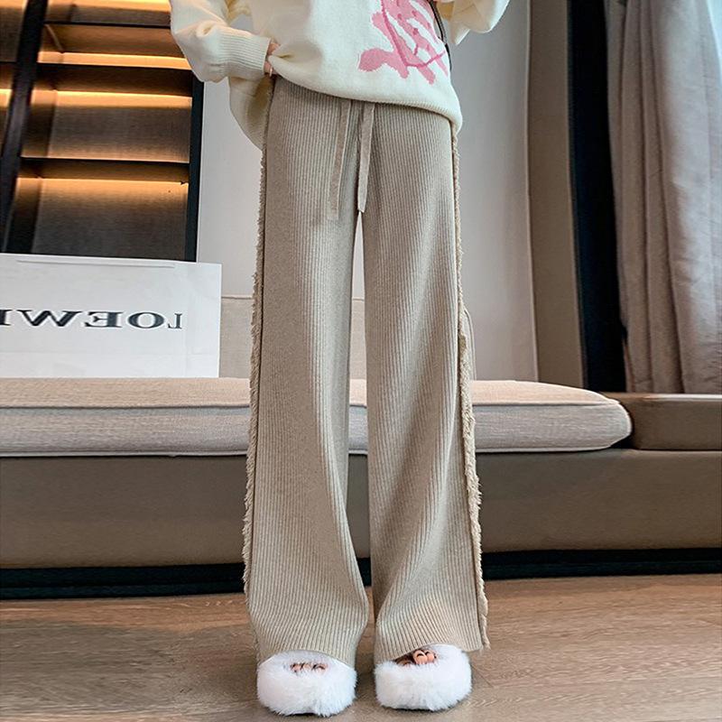 Autumn and winter new tassel thin pit strip knitted wide-leg pants high waist drawstring thin casual warm floor mopping wool pants thick