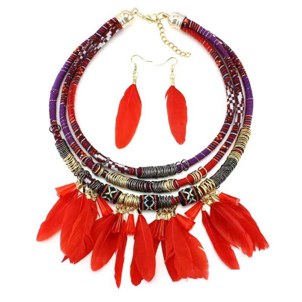 Metal Ethnic Necklace Hand Woven Necklace Earrings Set Vintage Feather Choker  Women