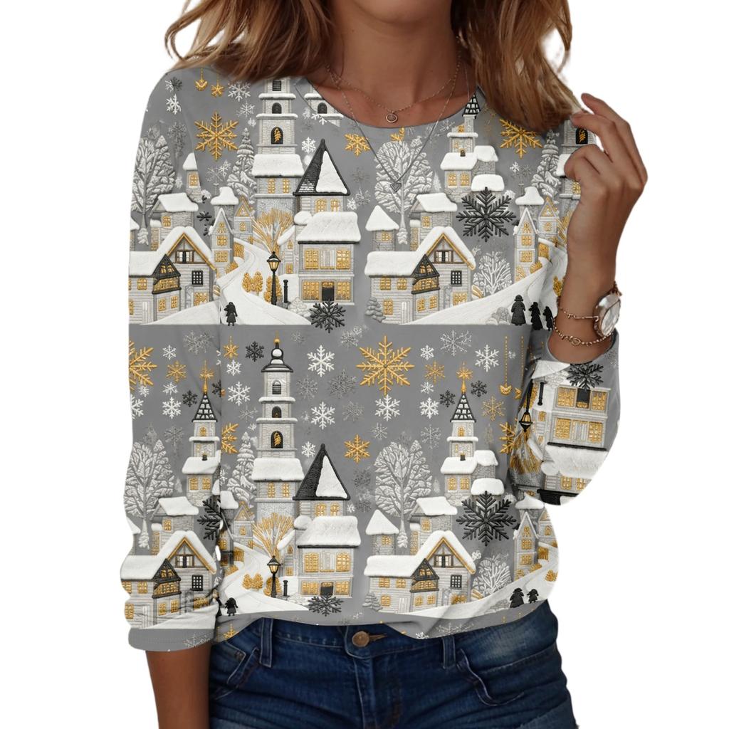 Women's Fashion Casual Long Sleeve Christmas Print Neck Top for Holiday