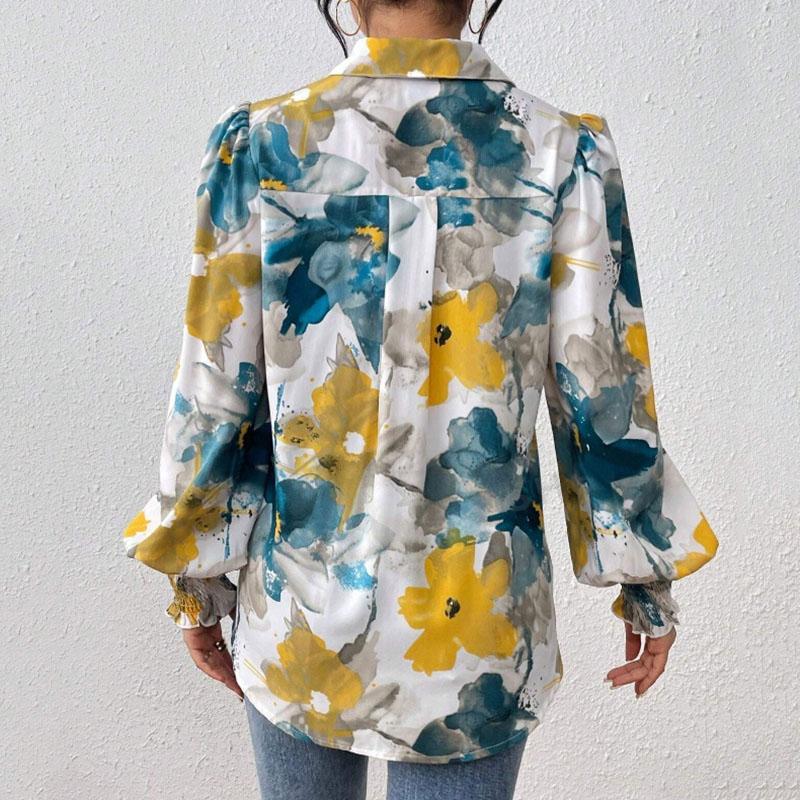 Ladies Spring Summer Lantern Sleeve Flower Printed All Match Shirt Top