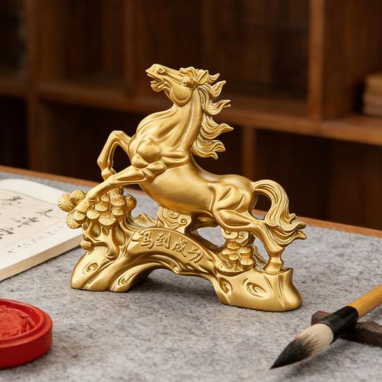 Resin Horse Statue Golden Feng Shui Chinese Zodiac Horse Sculpture 2026 Year of The Horse Collectible Figurine for Tabletop Mantel Home Office Decor