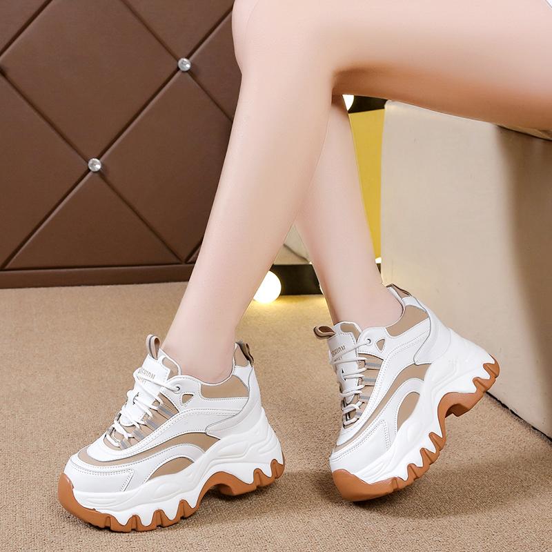 fashion Women Thick Bottom Leather Sneakers New 2024 Chunky Breathable Female Casual Shoes Ladies High Platform White Sports Shoes 8CM