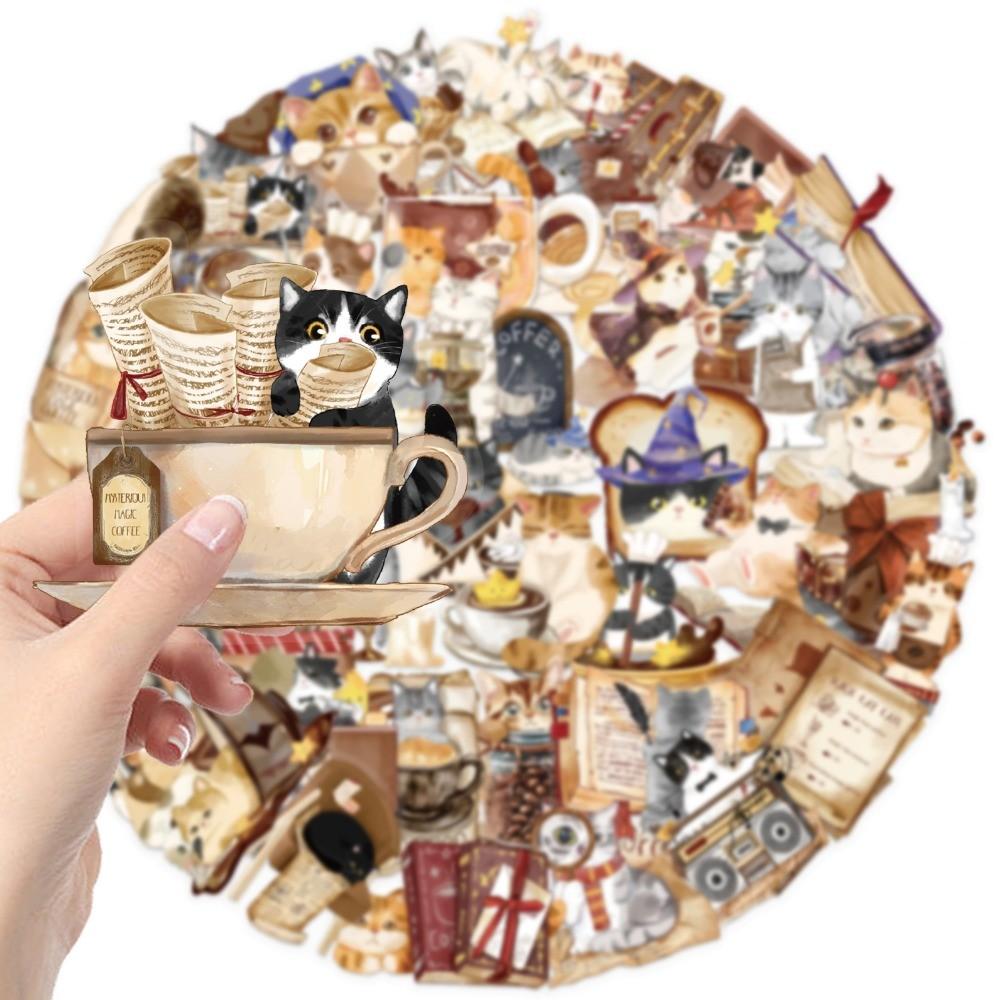 50-Piece Cartoon Magic Cat Café Stickers - DIY PET Transparent Decor for Phone Cases, Luggage, Laptops & Hand Accounts