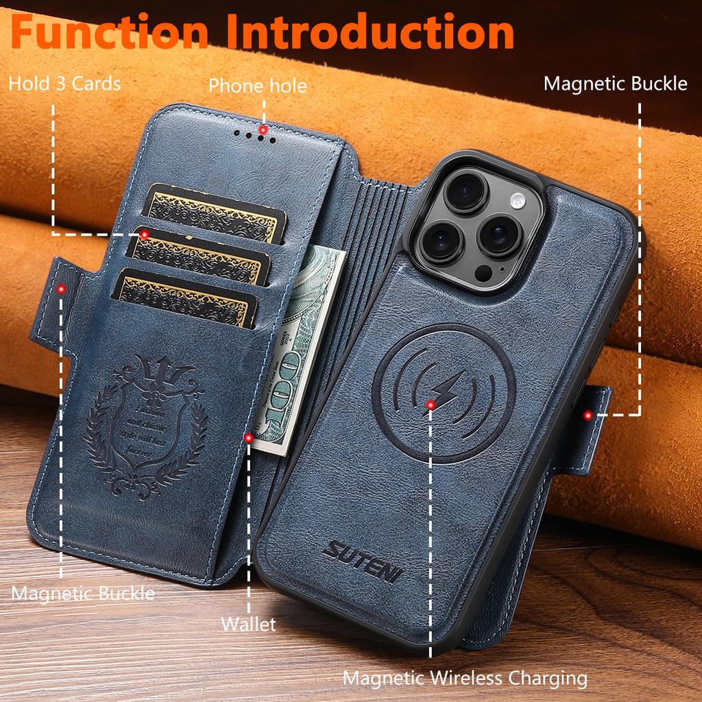 SUTENI Q-07 For iPhone 16 Pro Case Magnetic Color Splicing Cowhide Texture Leather Cover